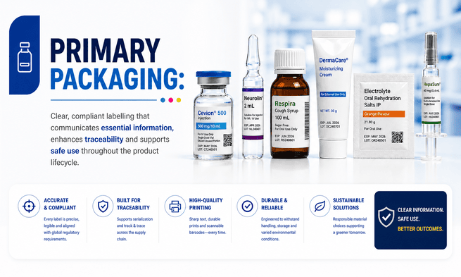 Primary Packaging-Labelling solutions for small-format containers like Vials, Ampoules, Bottles, Tubes, Sachets and Syringes etc.